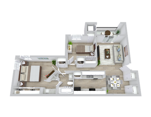 A 3D floor plan of a house with multiple rooms and furniture.